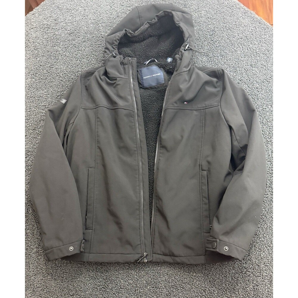 Tommy Hilfiger Men's M Black Hooded Softshell Jacket Sherpa Lined Water Resistan